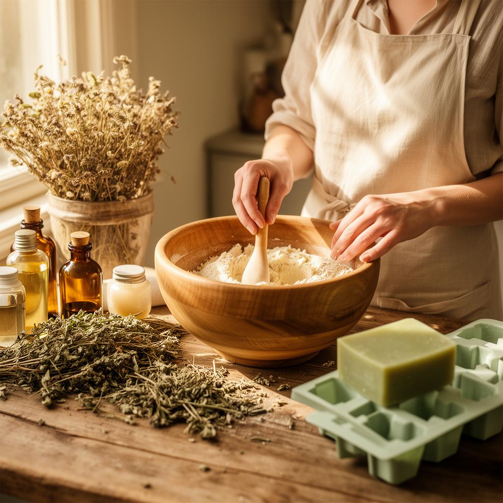 Hands stirring natural soap ingredients in a wooden bowl